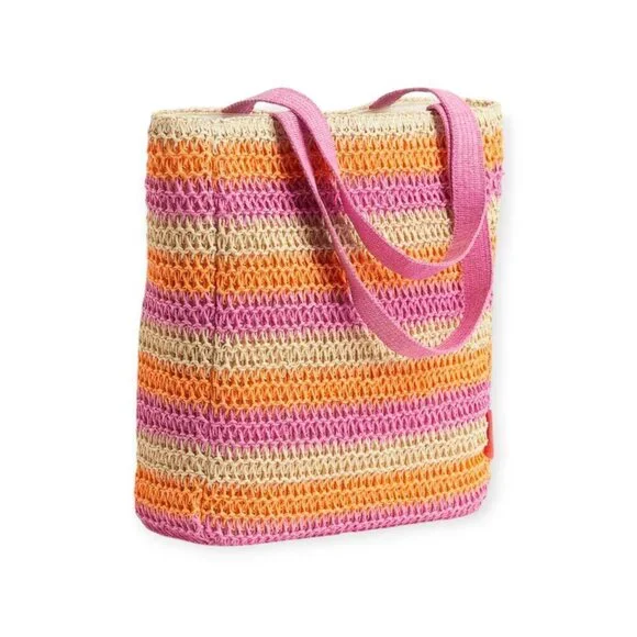 H&M Straw Crochet Oversized Beach Bag Pink Orange Tote NWT Summer Vacation - Picture 10 of 10